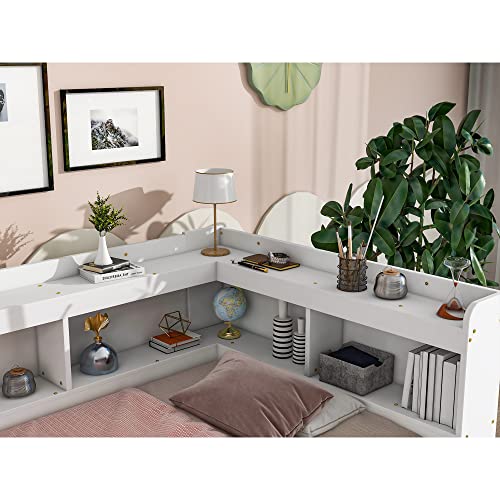 Grey Full Size Wooden Platform Bed with Two Storage Drawers and L-Shaped Bookcase L119