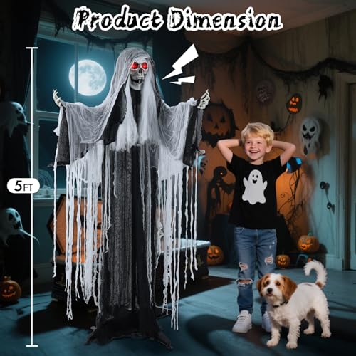 5 FT Witch Animatronic Halloween Decorations with Sound Activation and Glowing Red Eyes J537801