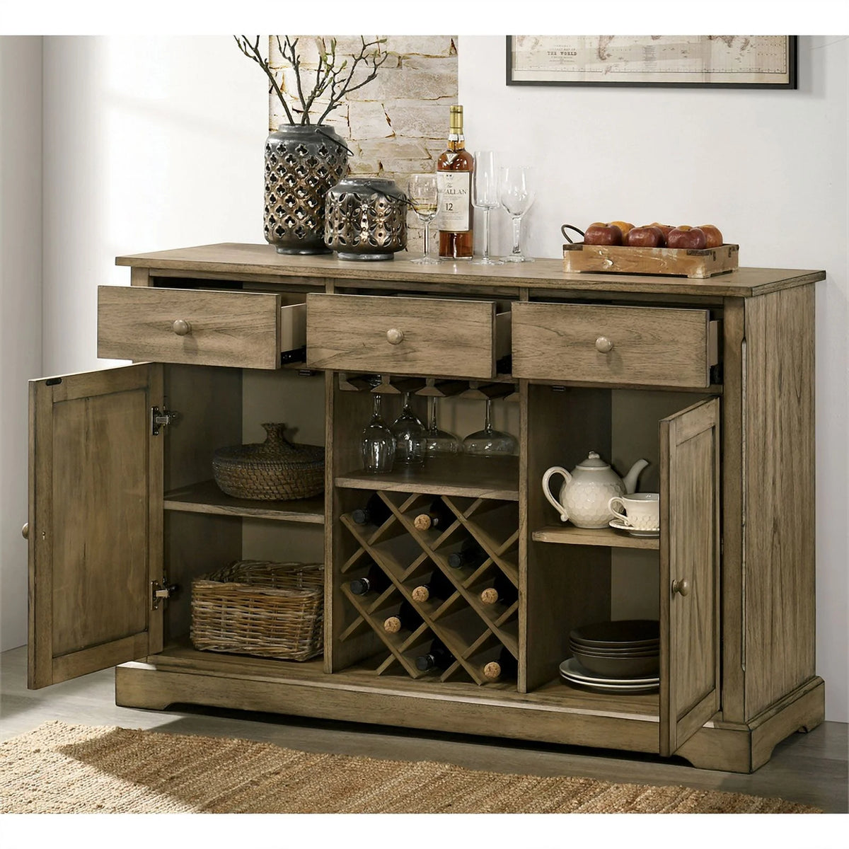 Light Brown Wood Server with Wine Rack K88777