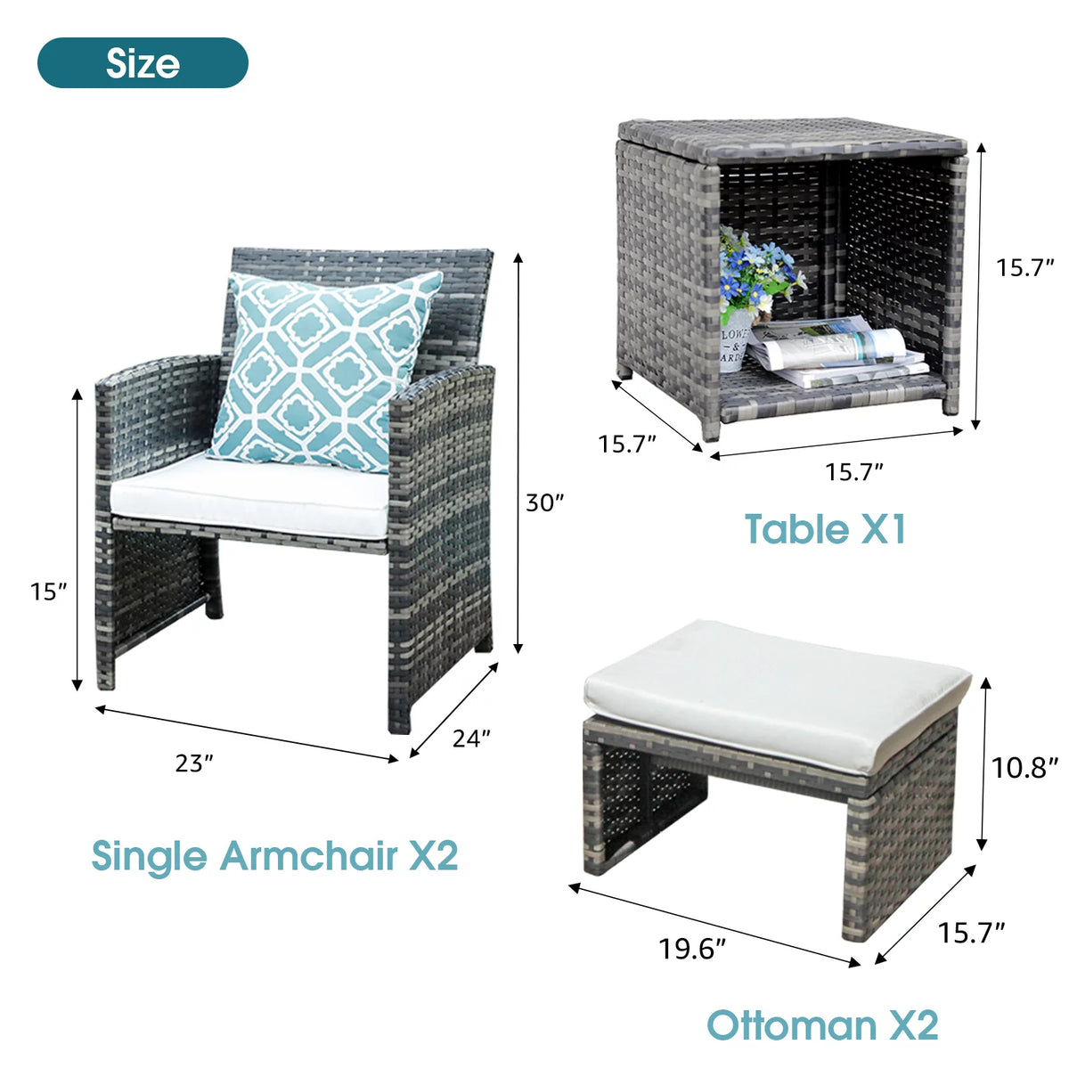 Patio Chairs Chat Set with Ottoman Coffee Table and Pillows K839529