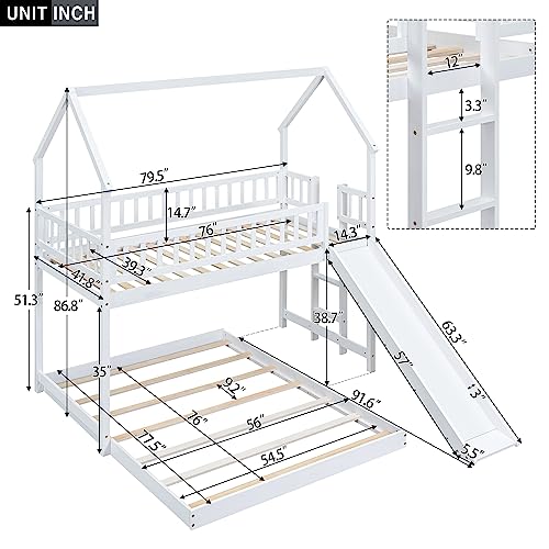 Twin Over Twin Solid Wood House Bunk Bed with Trundle and Slide L600
