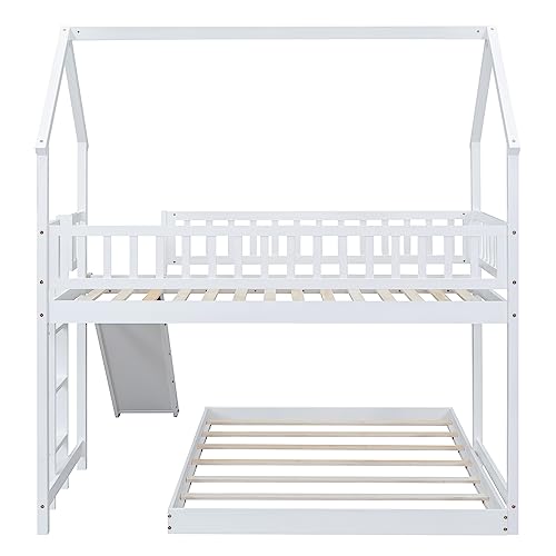 Twin Over Twin Solid Wood House Bunk Bed with Trundle and Slide L600