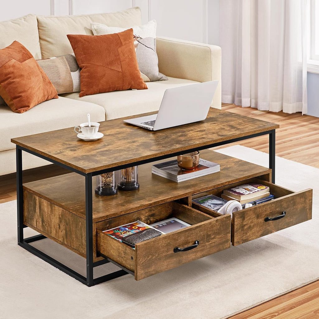 Farmhouse Coffee Table with Open Storage Shelves and 2 Drawers, Metal Frame, Rustic Brown B90666