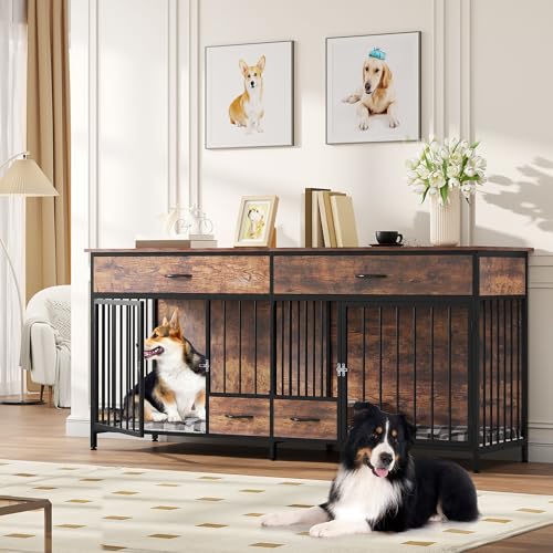 Brown Wooden Double Dog Crate Furniture with Drawers N649