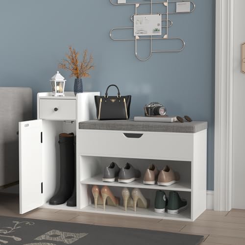 2-Tier Shoe Storage Bench with Sliding Barn Door Storage Cabinets & Removable Seat Cushion N128537