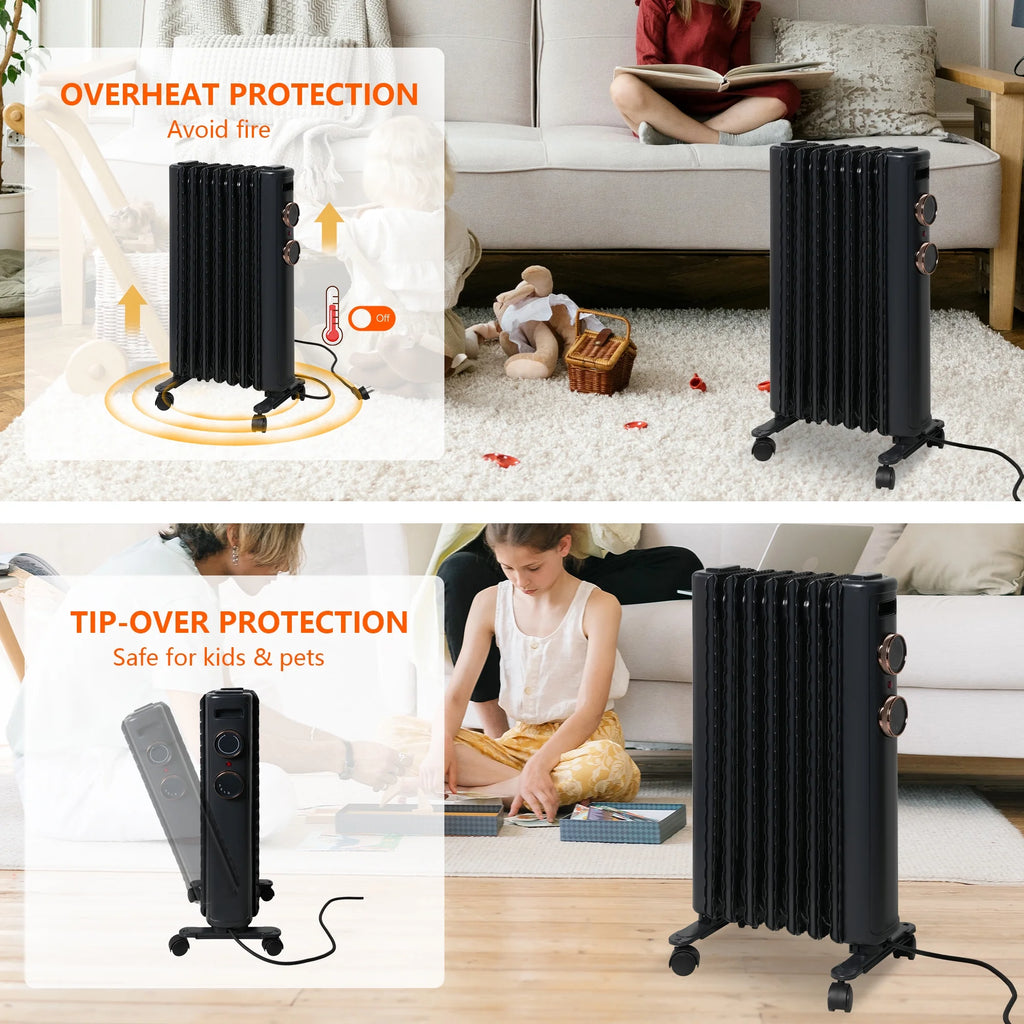 Oil Filled Radiator Heater with 3 Heating Modes, Adjustable Thermostat, Universal Wheels, Black&Gray W978