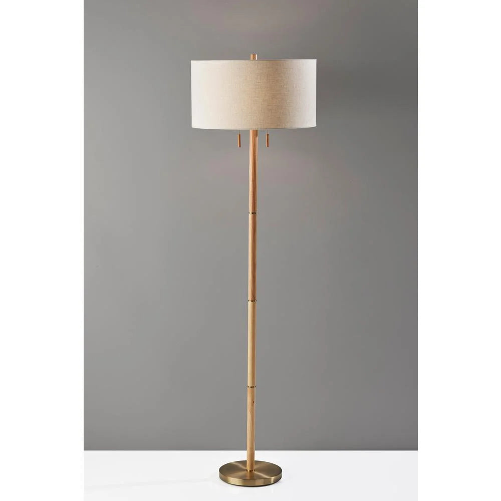 Natural Rubberwood Base & Antique Brass Floor Lamp V1234