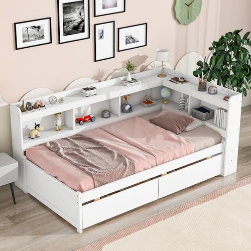 Grey Full Size Wooden Platform Bed with Two Storage Drawers and L-Shaped Bookcase L119