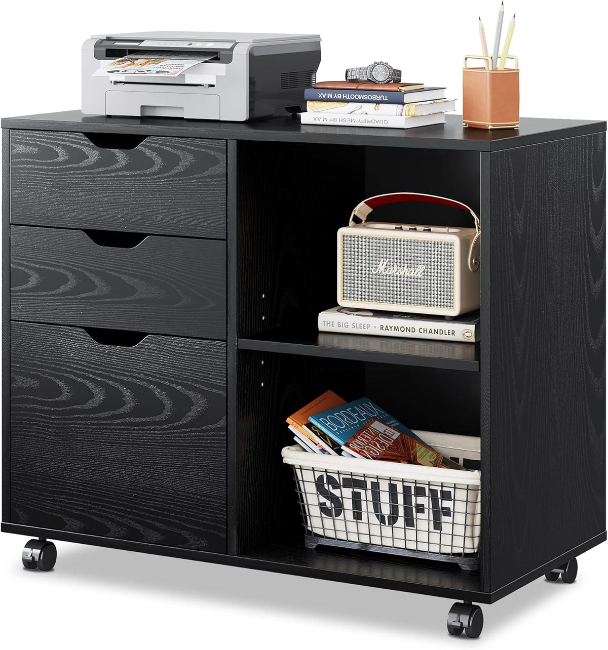 White 3-Drawer Mobile Wood File Cabinet with Open Storage Shelves G33364