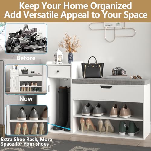 2-Tier Shoe Storage Bench with Sliding Barn Door Storage Cabinets & Removable Seat Cushion N128537