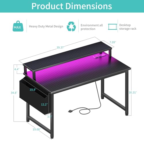 Black 40 Inch Gaming Desk with LED Lights and Power Outlets Y945
