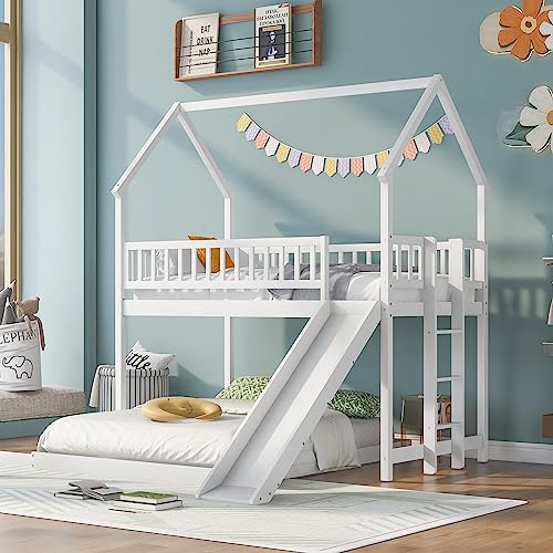 Twin Over Twin Solid Wood House Bunk Bed with Trundle and Slide L600