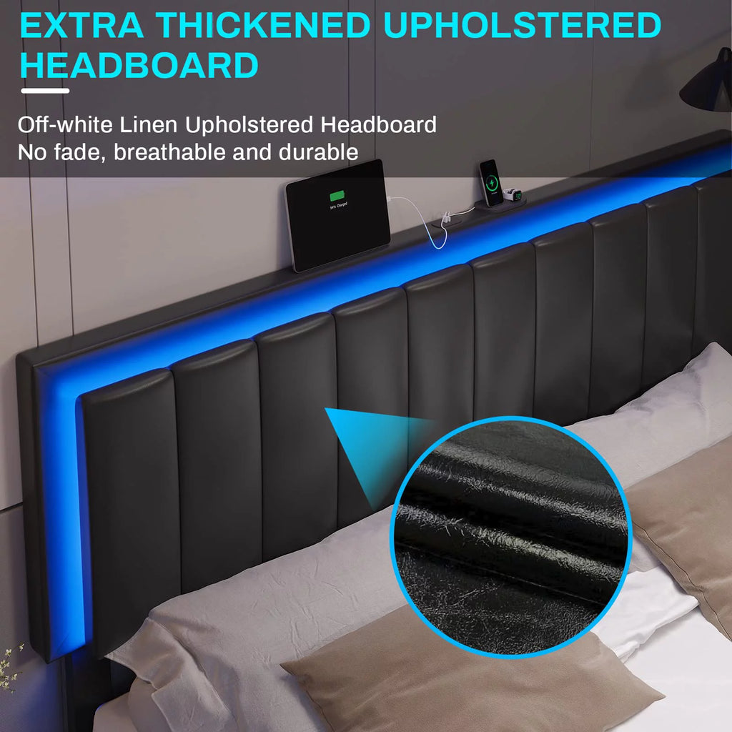 King Leather Upholstered Platform Bed with Charging Station and LED Lights H23530