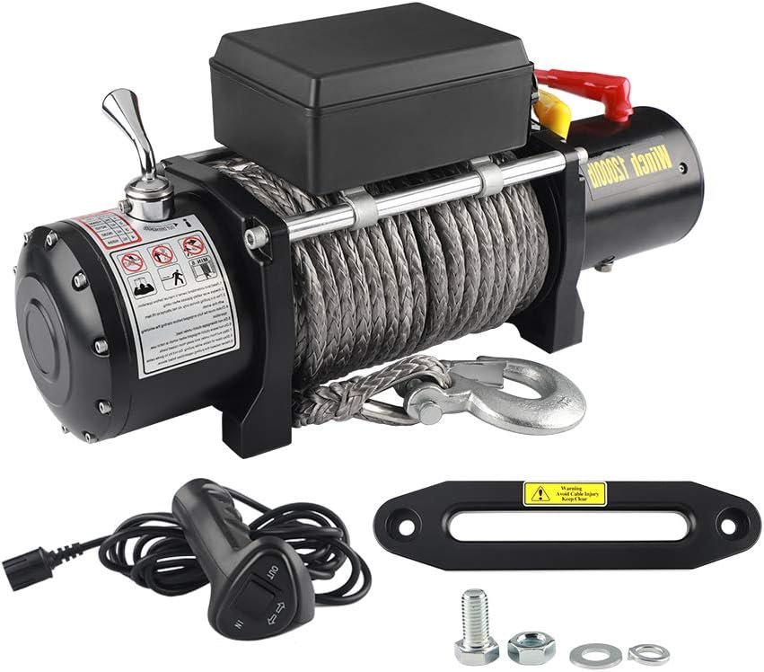 12V DC Winch with Synthetic Rope, 6 Ton (12,000 lb) Pulling Capacity W691611