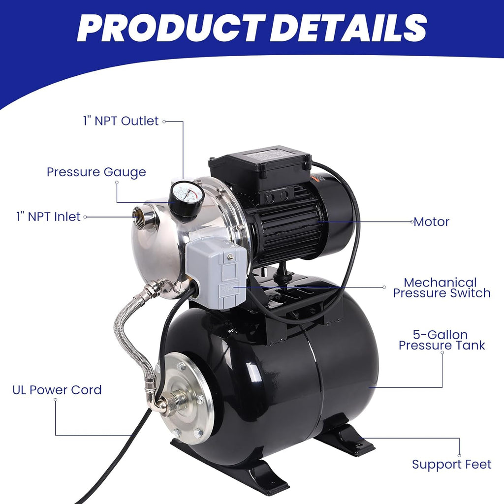 1.6HP Stainless Steel Shallow Well Pump with Pressure Tank Y926