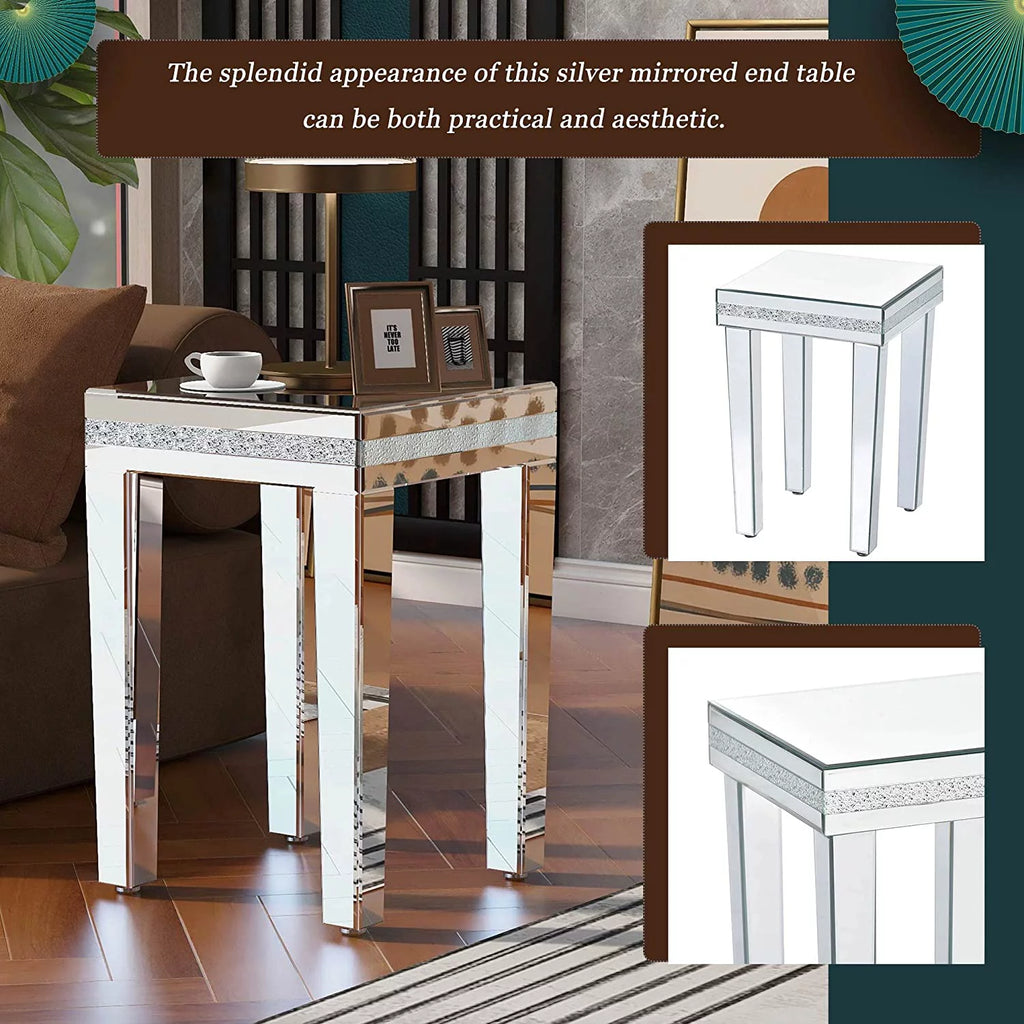 Modern Glass Mirrored Side Table with Crystal Design and Adjustable Height Legs J858435