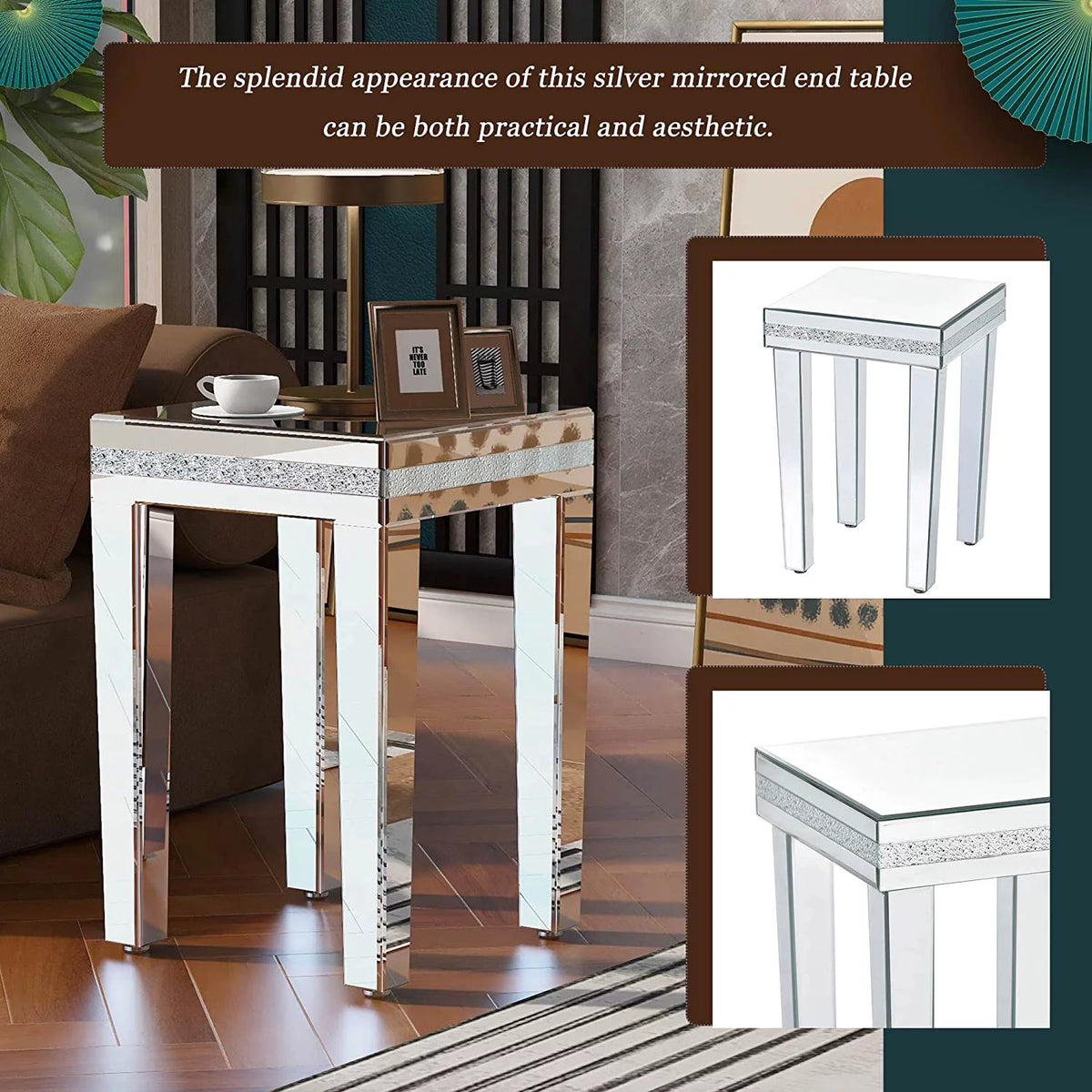 Modern Glass Mirrored Side Table with Crystal Design and Adjustable Height Legs J858435