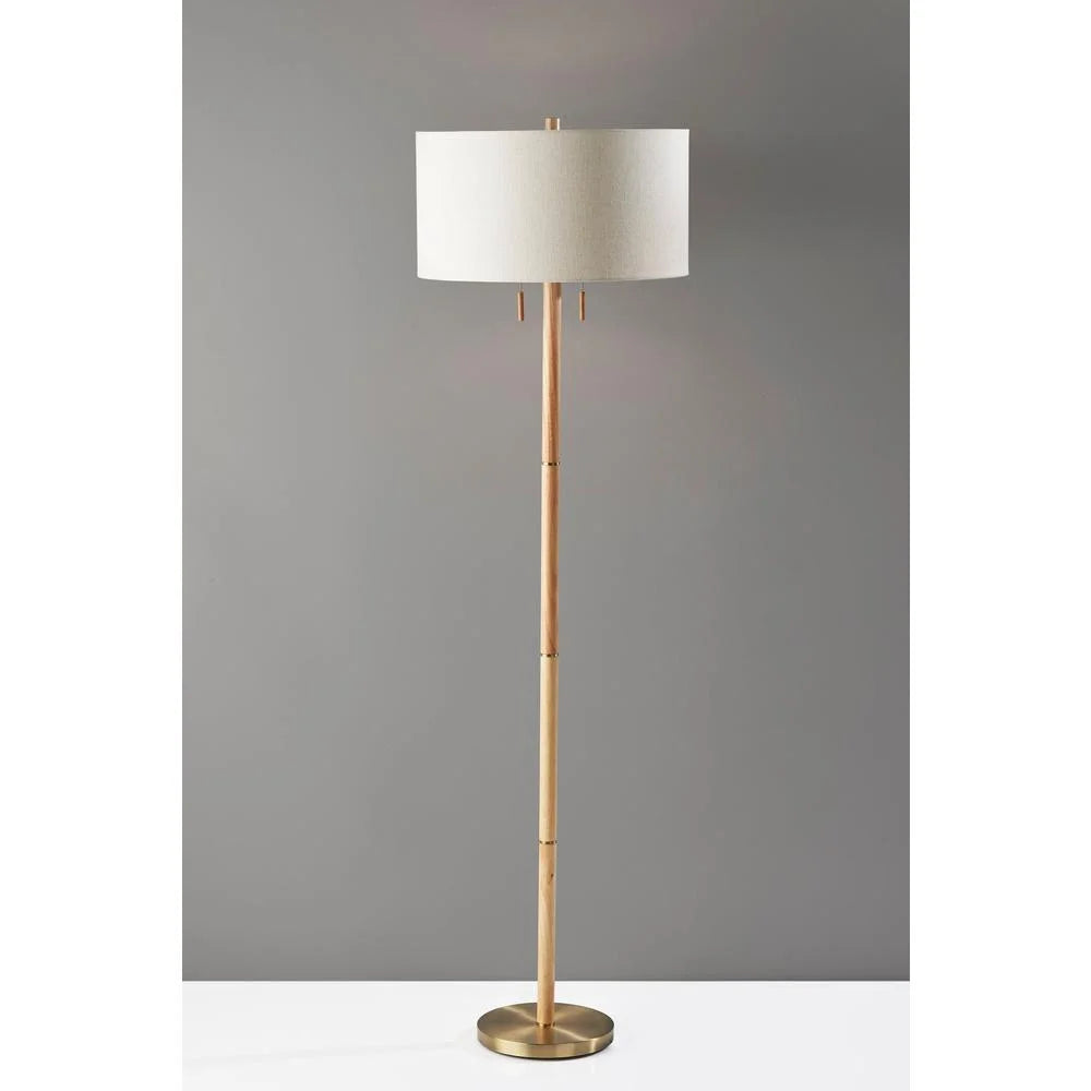 Natural Rubberwood Base & Antique Brass Floor Lamp V1234