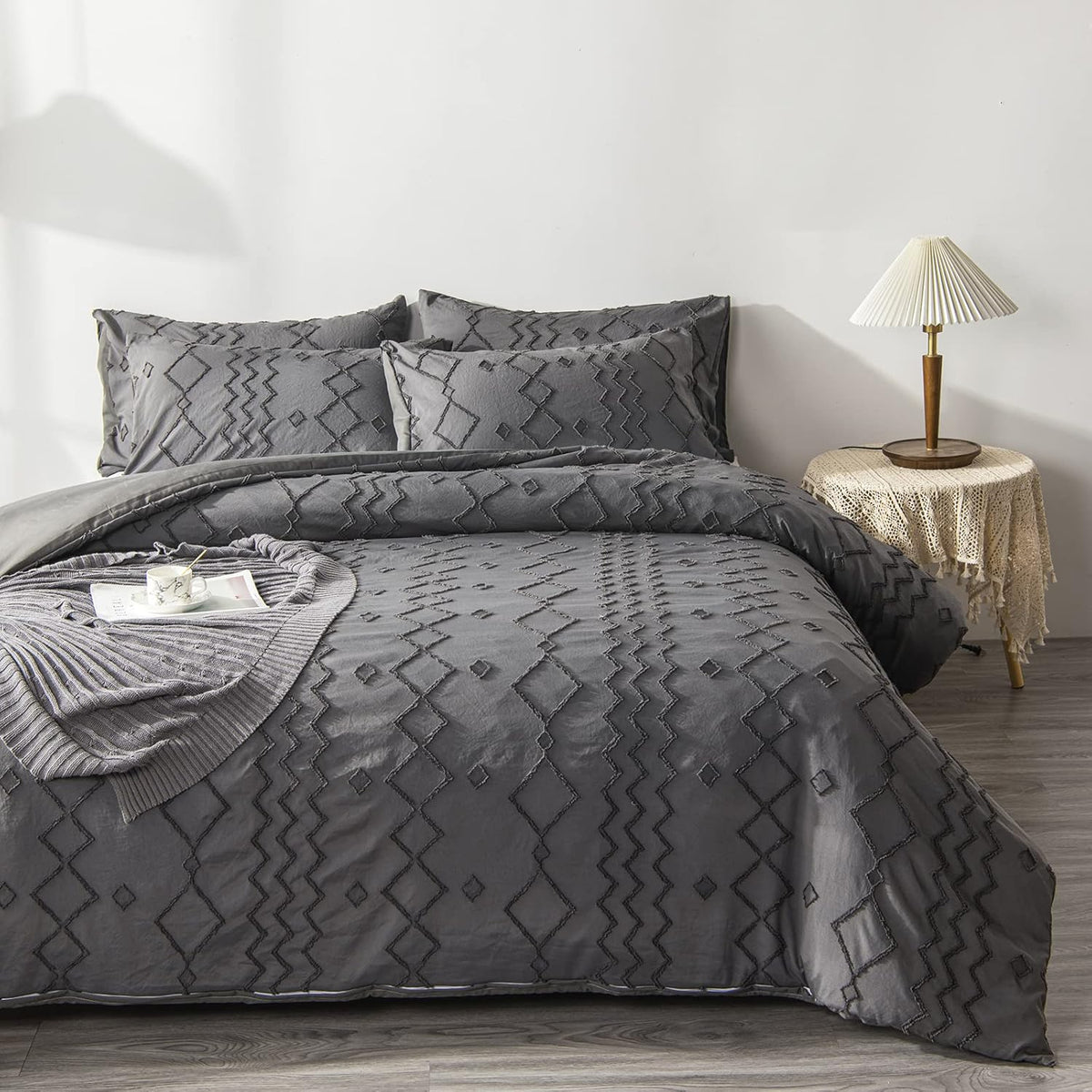 Blue Cotton Geometric Queen Duvet Cover Set O687701