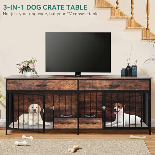 Brown Wooden Double Dog Crate Furniture with Drawers N649