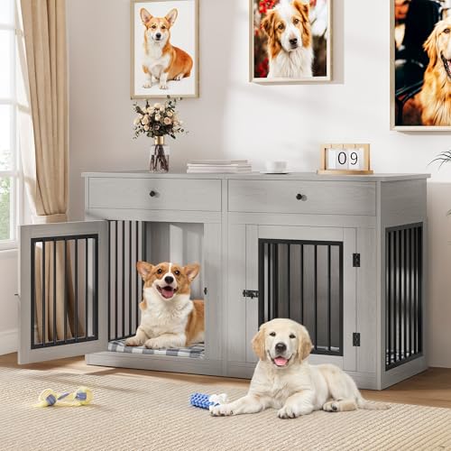 60" Wooden Dog Crate Furniture with Divider Storage Drawers Double Door Grey V8284
