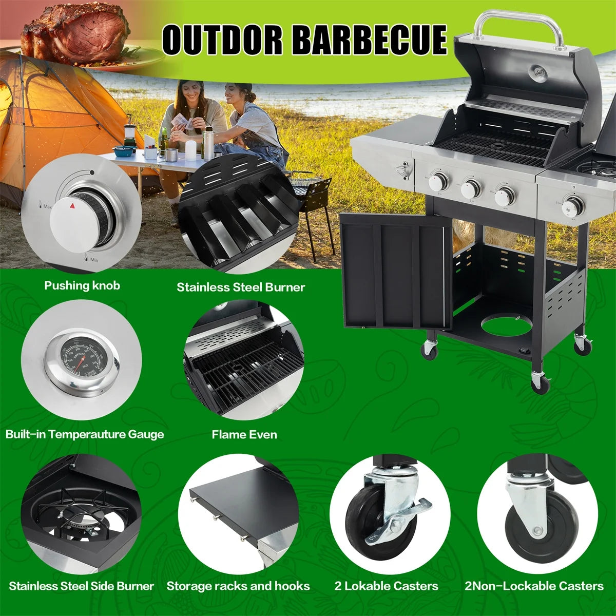 3 Burner Propane Gas Grill with Side Burner, Stainless Steel, Black H88955