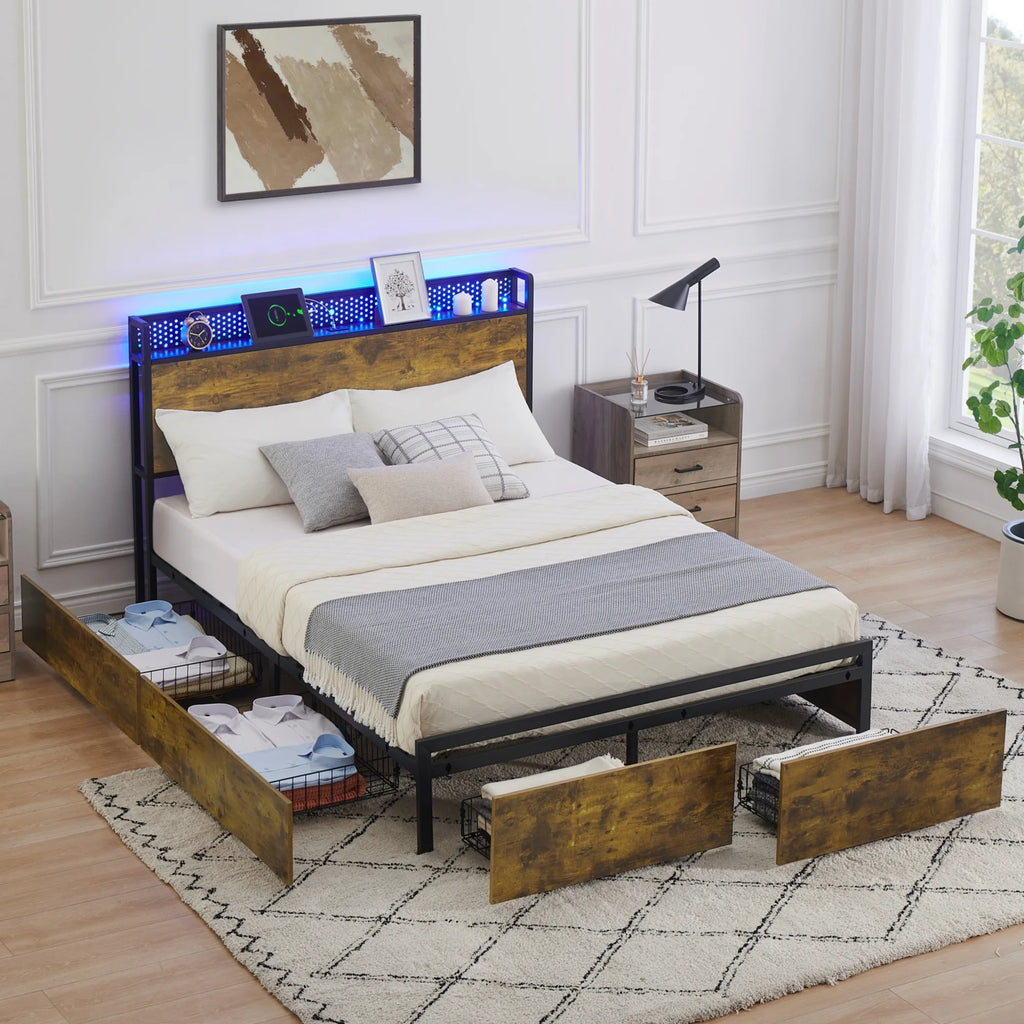 Queen Size Platform Bed Frame with Storage Headboard and 6 Drawers N512