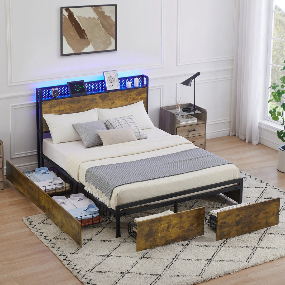 Queen Size Platform Bed Frame with Storage Headboard and 6 Drawers N512