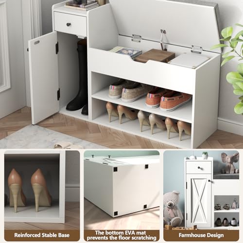 2-Tier Shoe Storage Bench with Sliding Barn Door Storage Cabinets & Removable Seat Cushion N128537