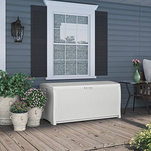 White Wicker Resin Deck Box, 99 Gallon B659230