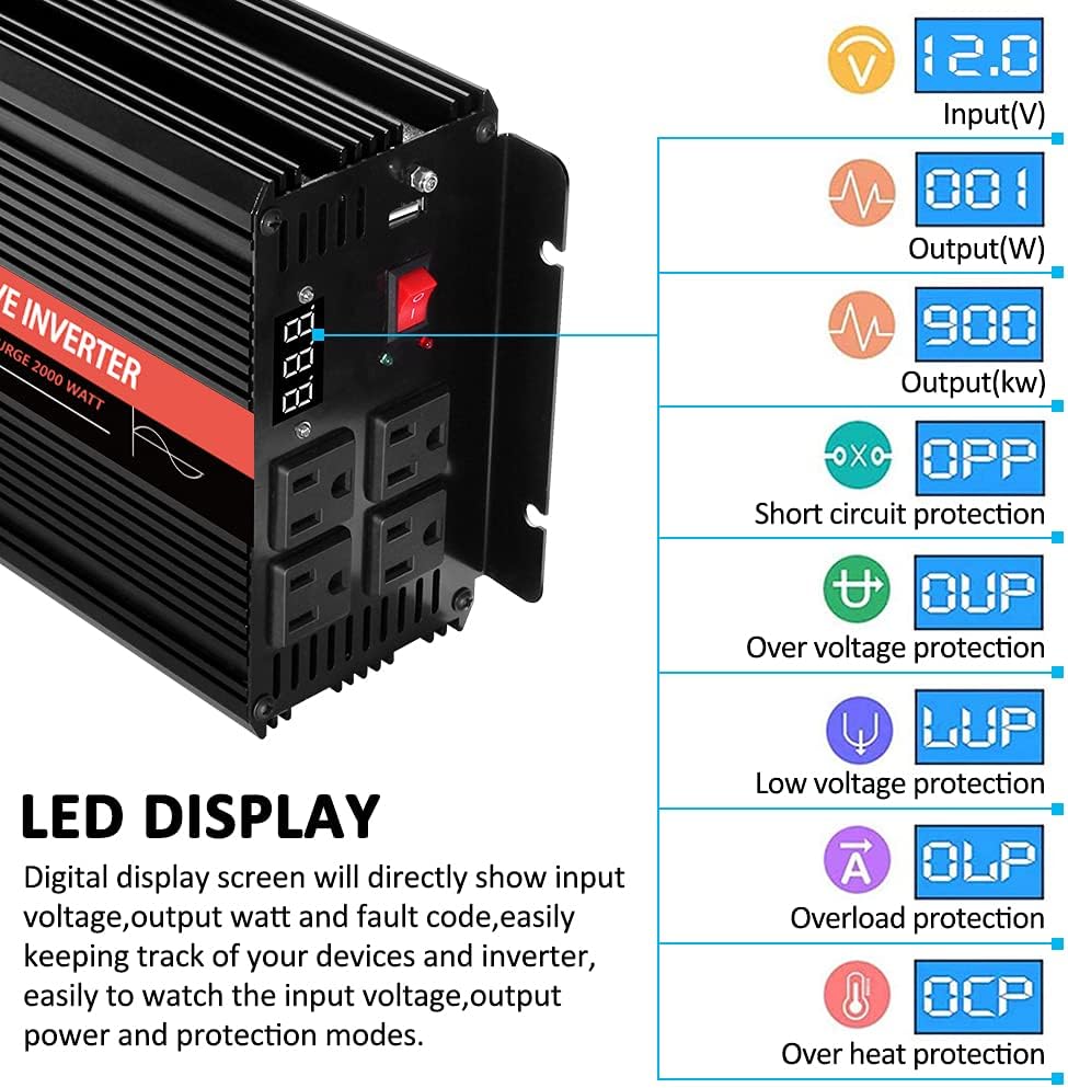 1000 Watt Pure Sine Wave Inverter 12v DC to 110/120v AC O7077