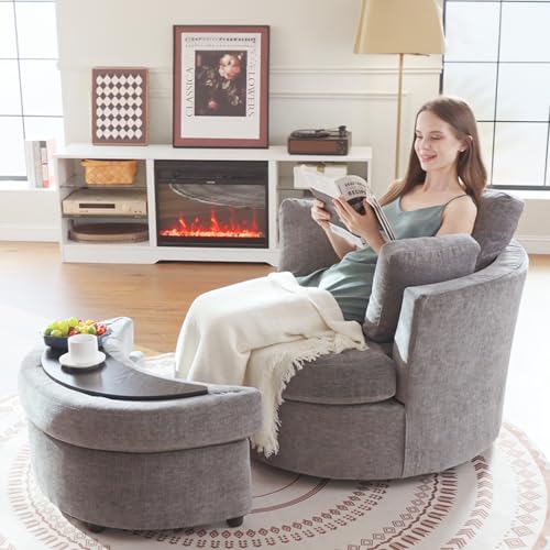 White Large Swivel Accent Barrel Chair with Ottoman I931