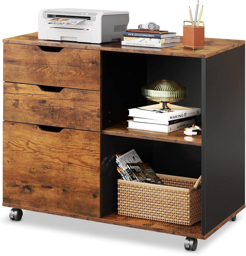 White 3-Drawer Mobile Wood File Cabinet with Open Storage Shelves G33364