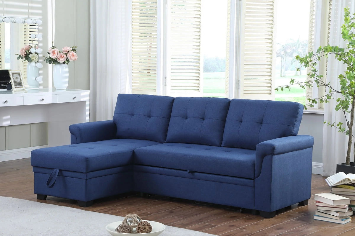 Blue Linen Reversible Sleeper Sectional Sofa with Storage Chaise I7370