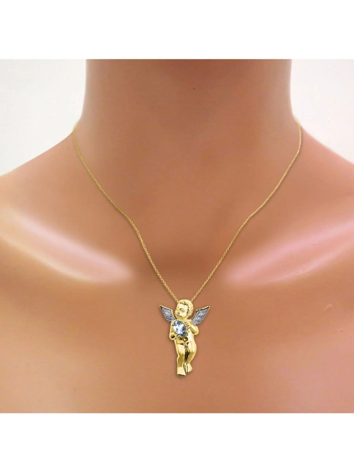 Yellow Gold Plated Silver Hugs & Kisses Angel Necklace, Tennis Bracelet, & Ring Adjustable 7"-8" Wrist & 18" Chain Aquamarine Birthstone Jewelry T473495