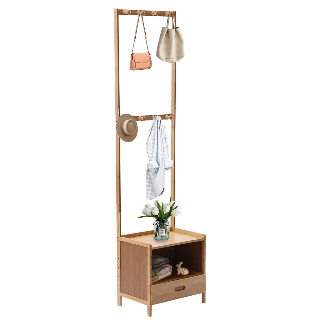 Bamboo Coat Hat Rack Shoe Bench with 8 Hooks V281079