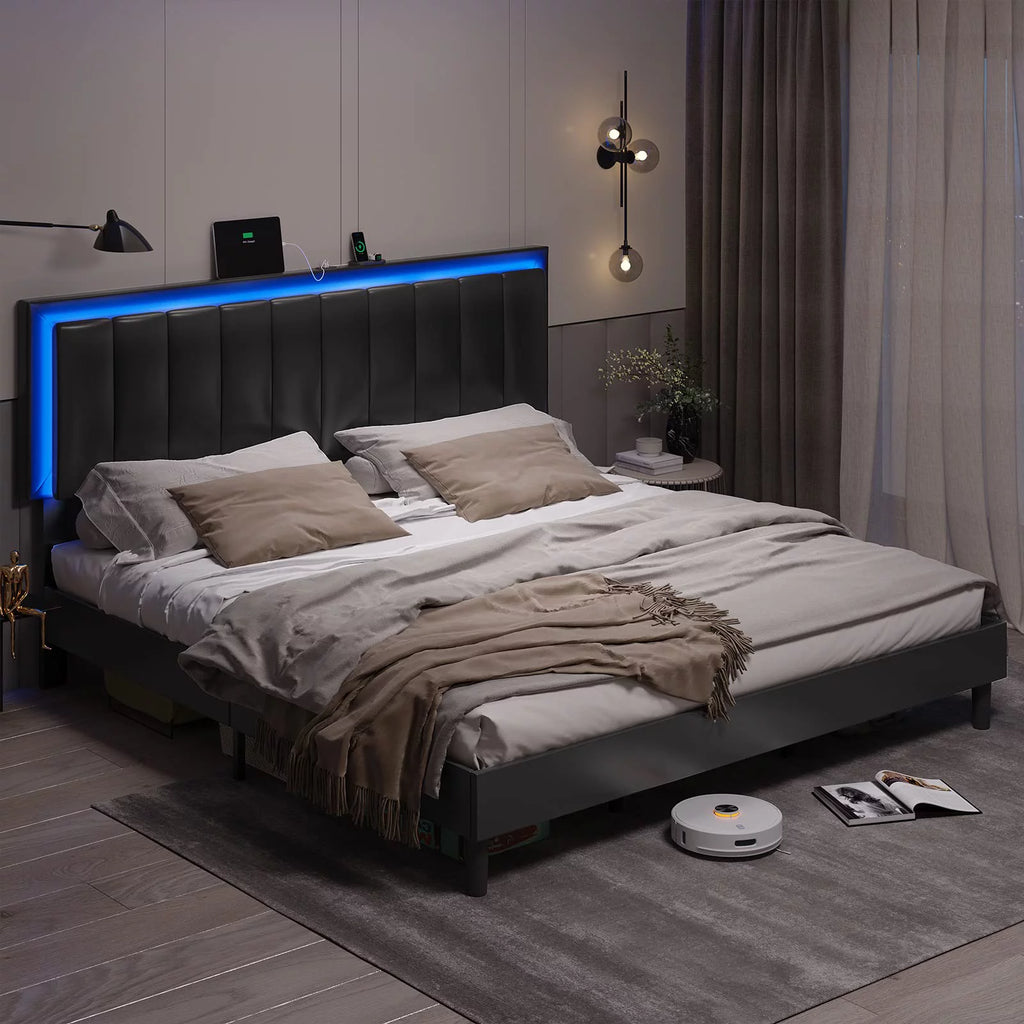 King Leather Upholstered Platform Bed with Charging Station and LED Lights H23530