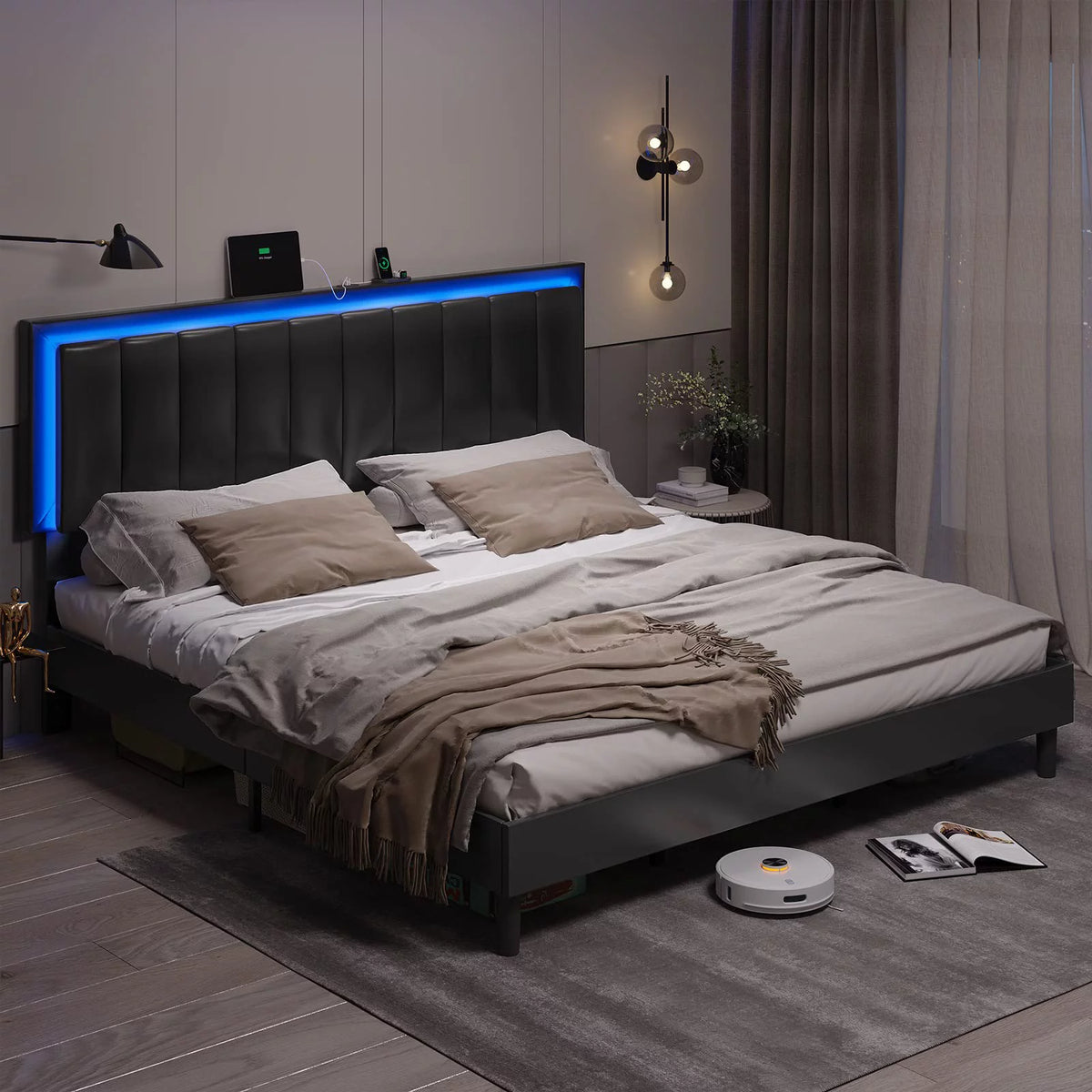 King Leather Upholstered Platform Bed with Charging Station and LED Lights H23530