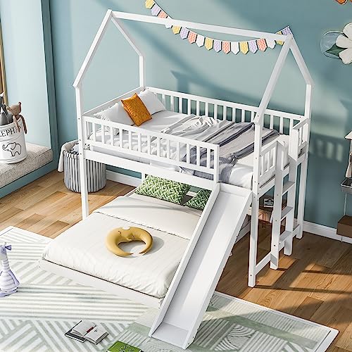 Twin Over Twin Solid Wood House Bunk Bed with Trundle and Slide L600