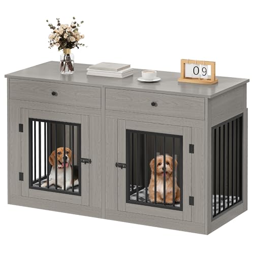 60" Wooden Dog Crate Furniture with Divider Storage Drawers Double Door Grey V8284