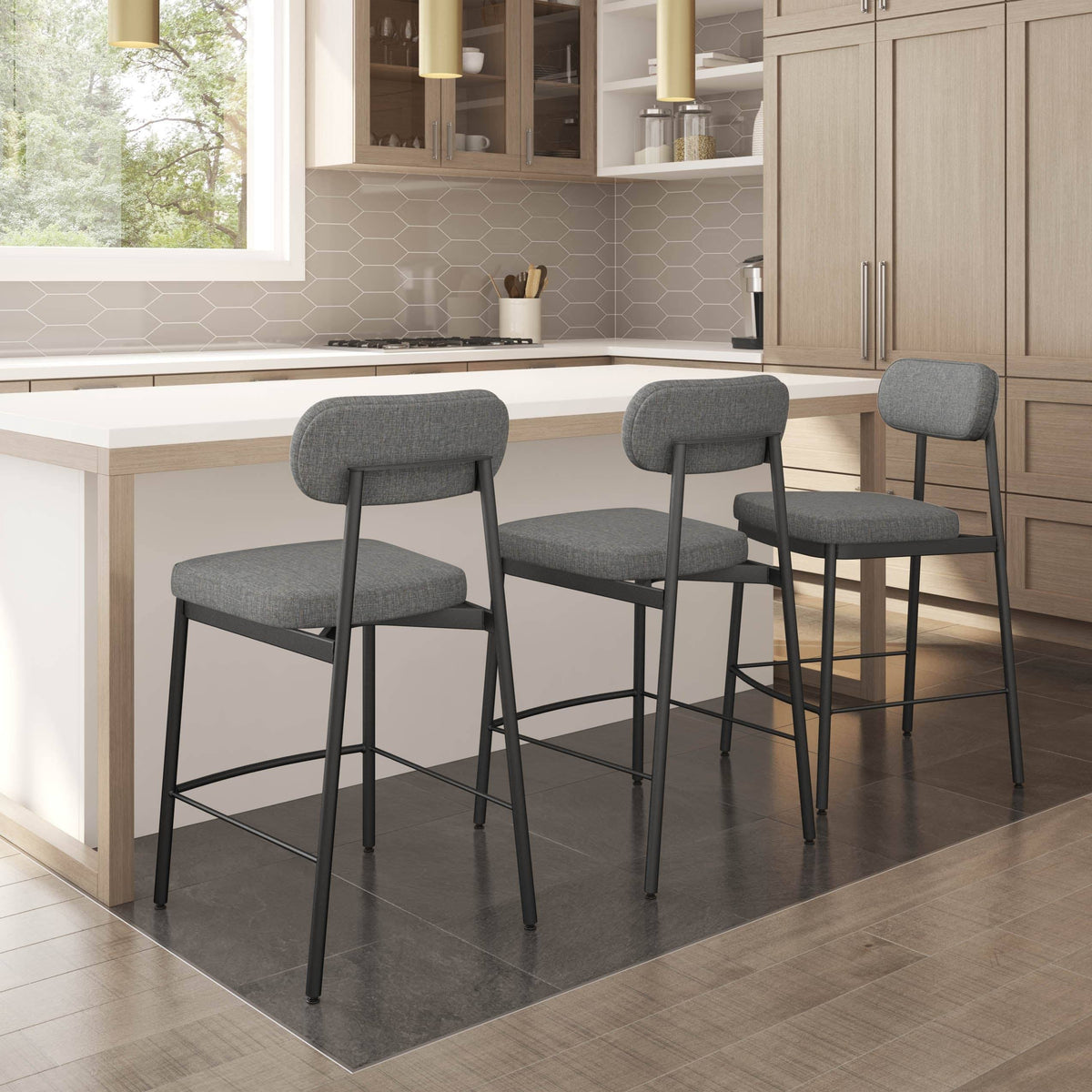 Pale Gray Polyester and Metal Bar Stool V230411