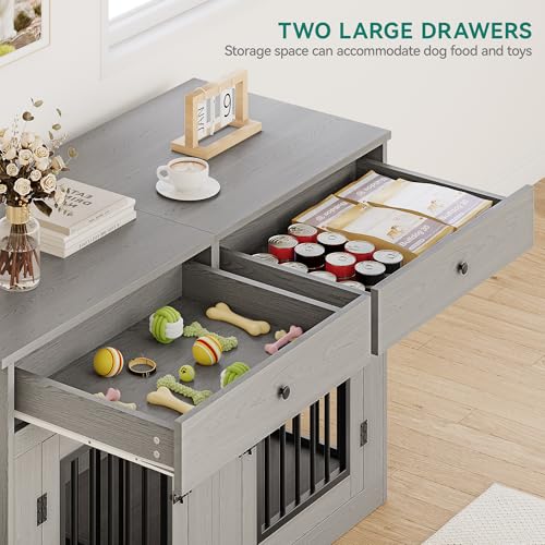 60" Wooden Dog Crate Furniture with Divider Storage Drawers Double Door Grey V8284