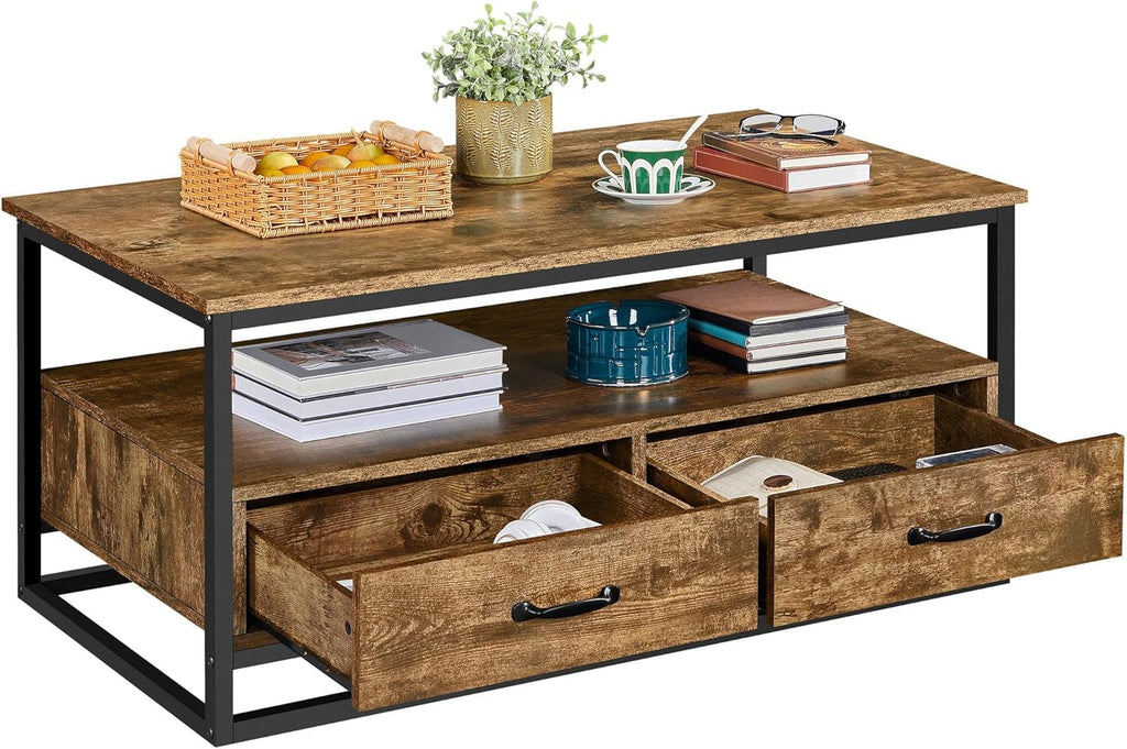 Farmhouse Coffee Table with Open Storage Shelves and 2 Drawers, Metal Frame, Rustic Brown B90666