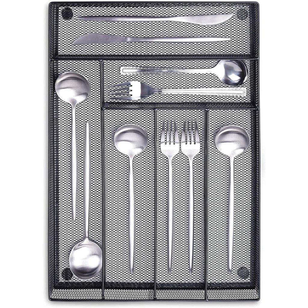 Black Metal Mesh Kitchen Flatware Organizer Tray with Non Slip Mat W587