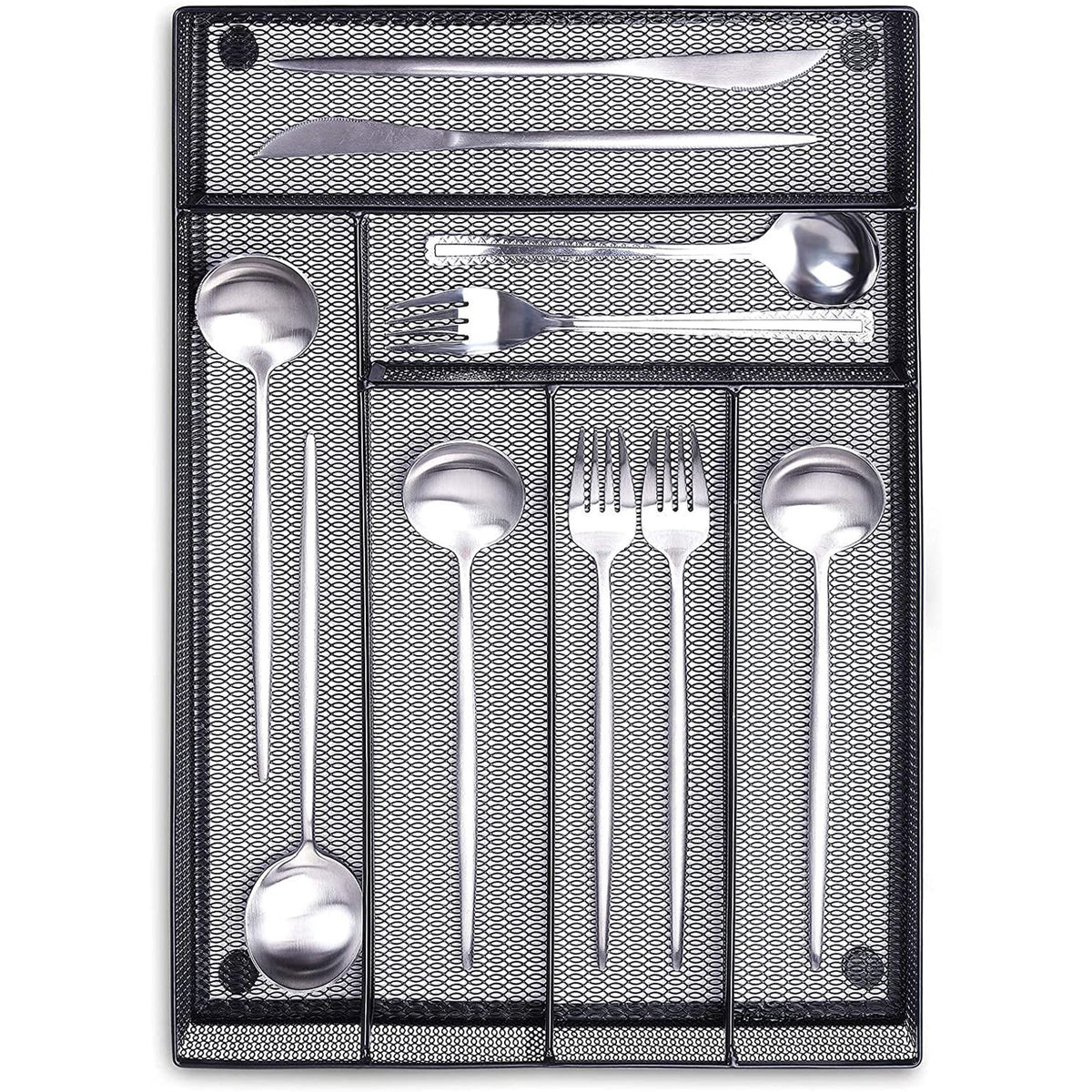 Black Metal Mesh Kitchen Flatware Organizer Tray with Non Slip Mat W587