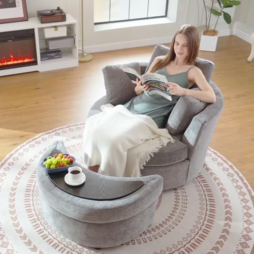 White Large Swivel Accent Barrel Chair with Ottoman I931