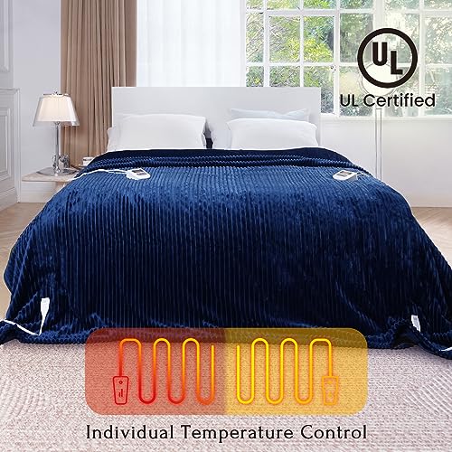 Navy Blue Queen Size Striped Electric Fleece Blanket with 6 Heat Levels and Auto-Off D691386