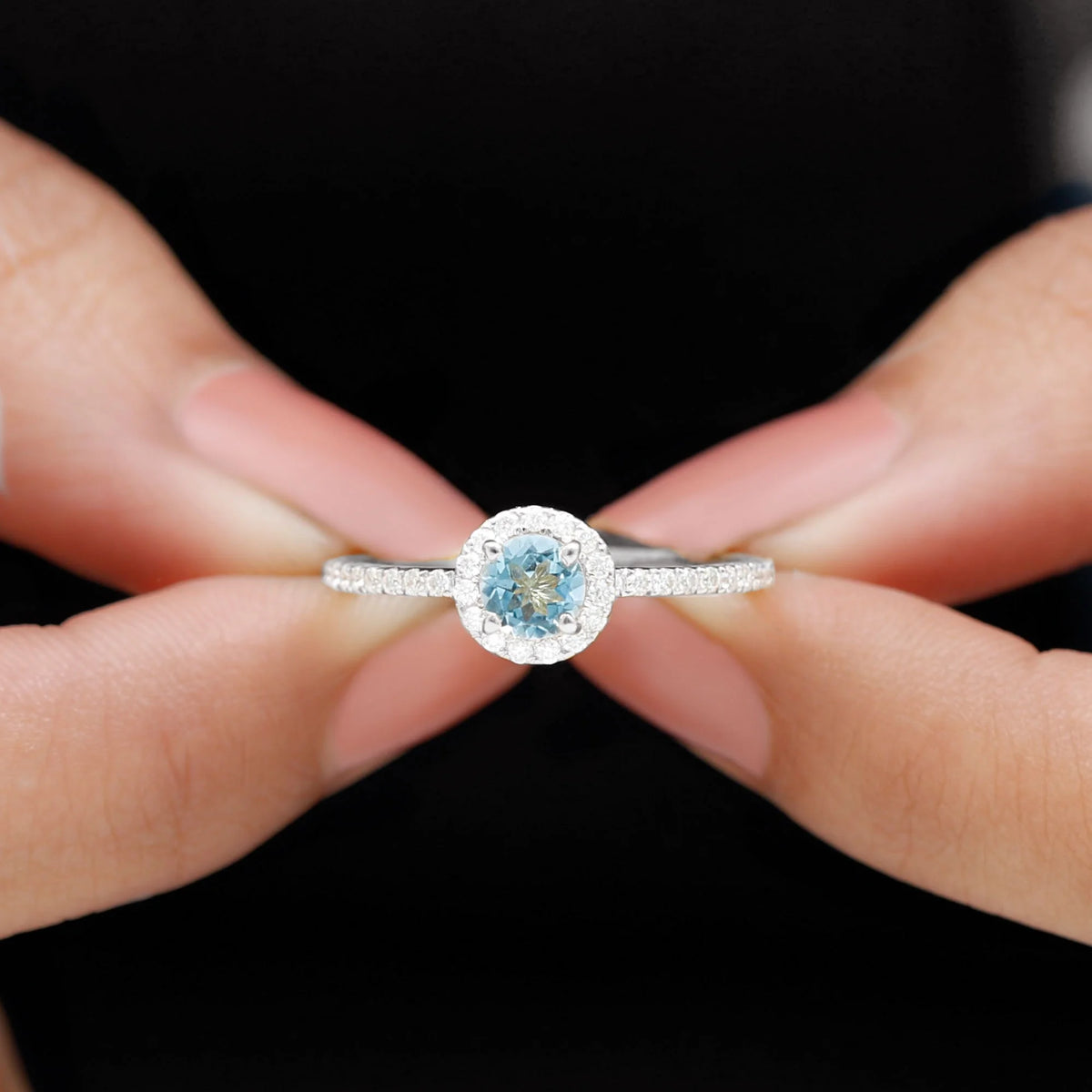 10K White Gold Aquamarine Ring with Diamond Halo D10503