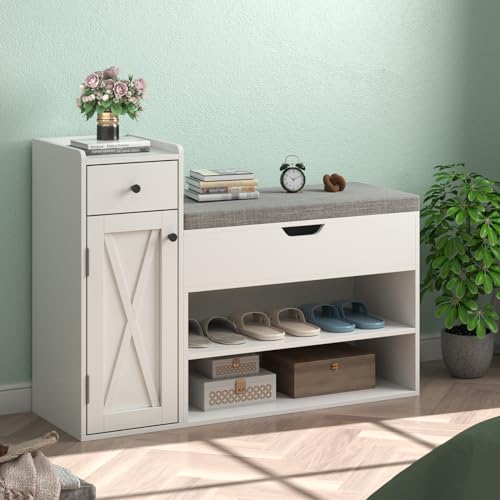 2-Tier Shoe Storage Bench with Sliding Barn Door Storage Cabinets & Removable Seat Cushion N128537