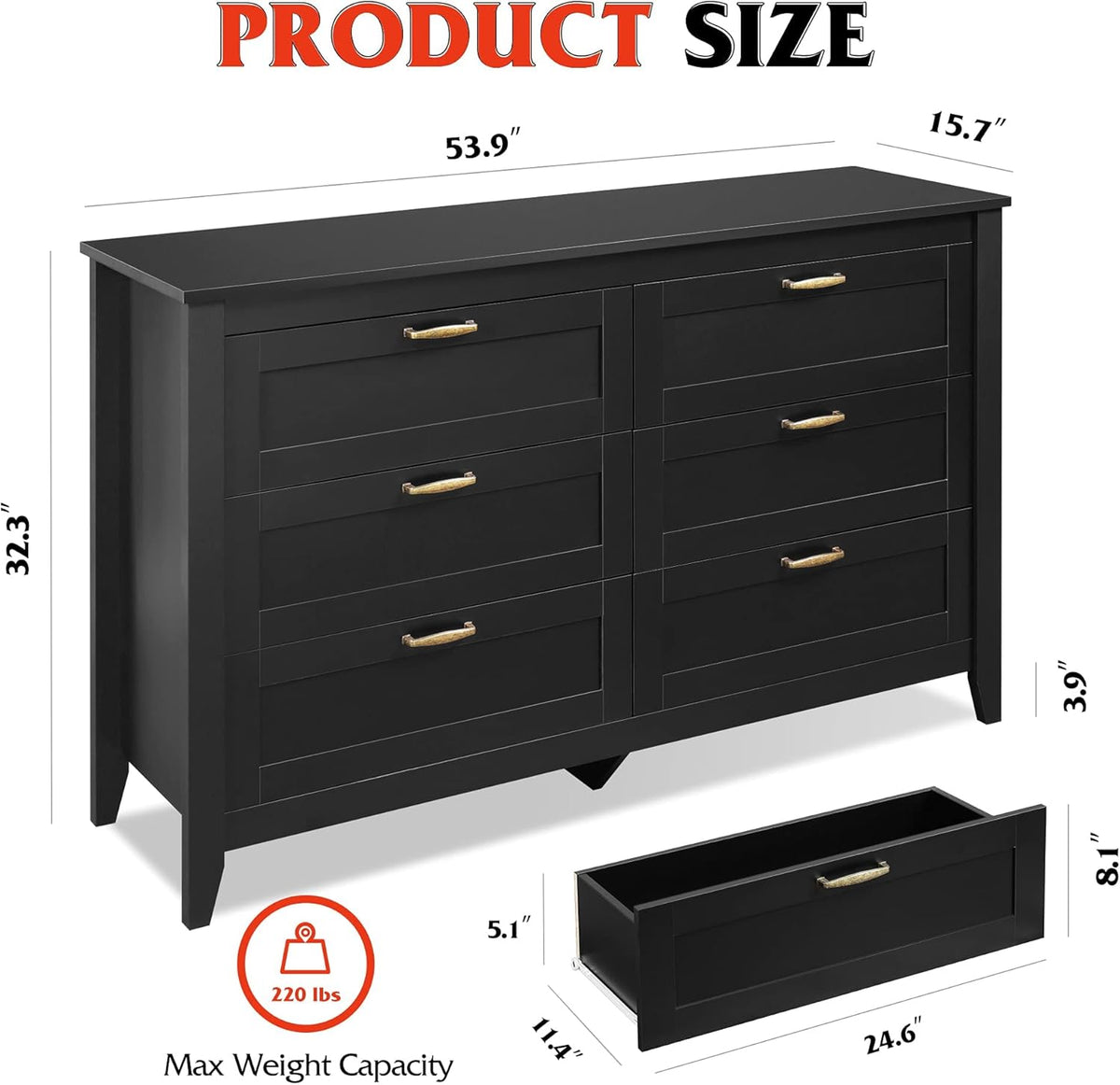 6 Drawer Retro Wood Dresser with Metal Handle W742